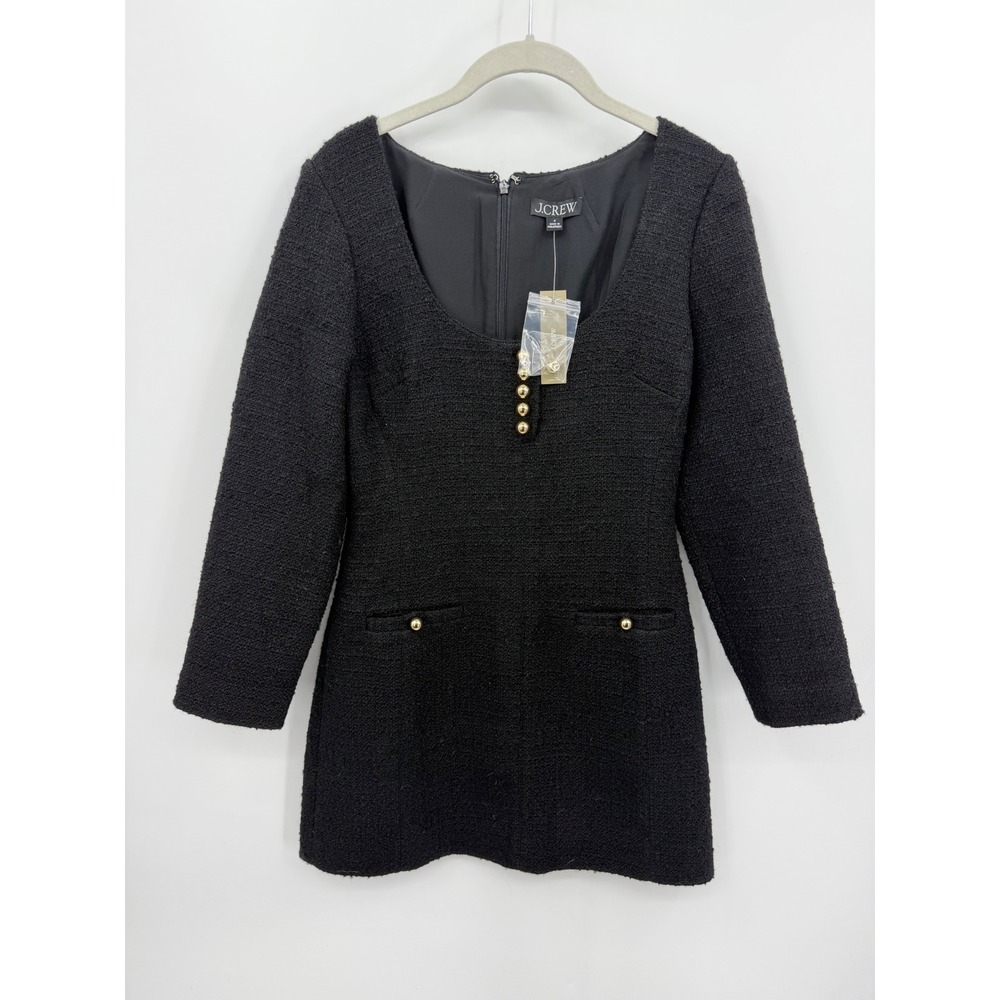 NWT J Crew Sophia Tweed Mini Dress Womens 4 Black Gold Button‎ Scoop Neck CF626